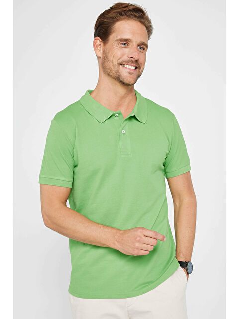 TUDORS Erkek Slim Fit Dar Kesim %100 Pamuk Düz Pike Yeşil Polo Yaka Tişört