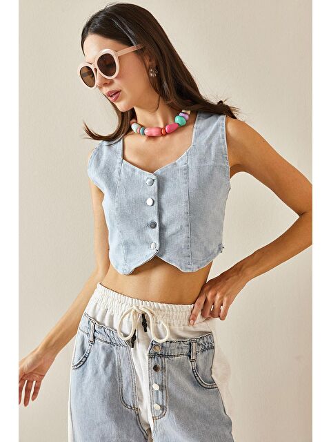 Xhan Buz Mavisi Denim Crop Yelek - S000220914-3053