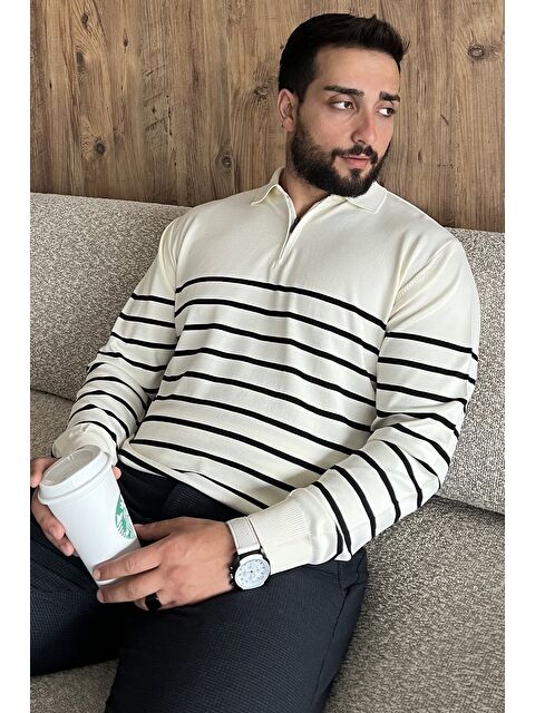 Mishar İtalia Erkek Polo Yaka Yarım Fermuarlı Çizgi Desenli Triko Kazak - S000469905-19966