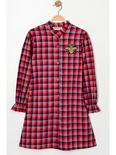 pi pengai Kız Çocuk Broş Nakış Detaylı Ekose Desenli Elbise P1001 - S000350412-20048