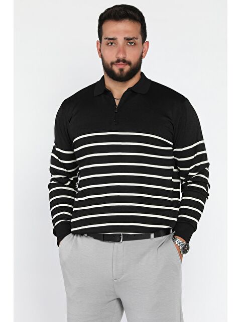 Mishar İtalia Erkek Polo Yaka Yarım Fermuarlı Çizgi Desenli Triko Kazak - S000469905-19351