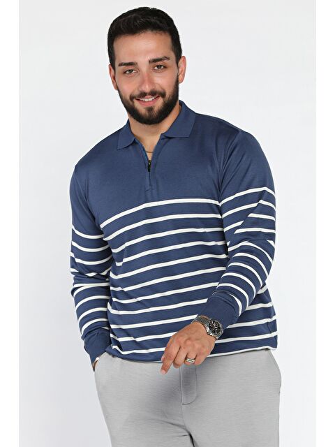Mishar İtalia Erkek Polo Yaka Yarım Fermuarlı Çizgi Desenli Triko Kazak - S000469905-23093