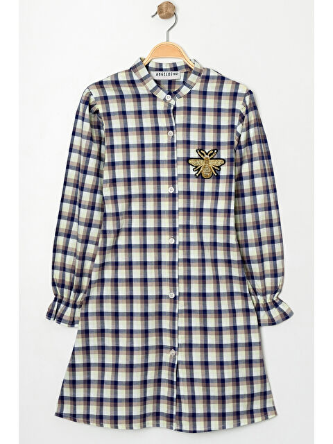 pi pengai Kız Çocuk Broş Nakış Detaylı Ekose Desenli Elbise P1001 - S000350412-19351