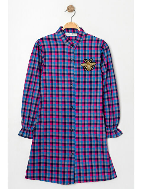 pi pengai Kız Çocuk Broş Nakış Detaylı Ekose Desenli Elbise P1001 - S000350412-37492