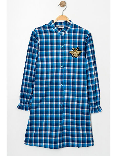 pi pengai Kız Çocuk Broş Nakış Detaylı Ekose Desenli Elbise P1001 - S000350412-23093