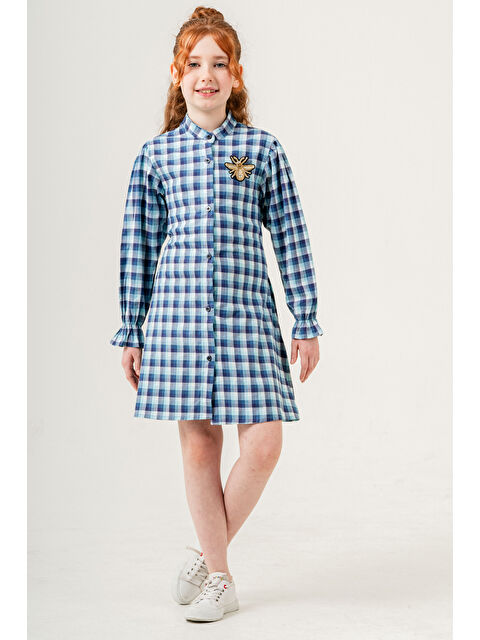 pi pengai Kız Çocuk Broş Nakış Detaylı Ekose Desenli Elbise P1001 - S000350412-17234