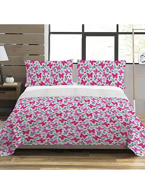 Evmila Pembe Kelebek Desen Çift Kişilik Baskılı Pike (200x220 Cm) Beyaz - S000124179-23173