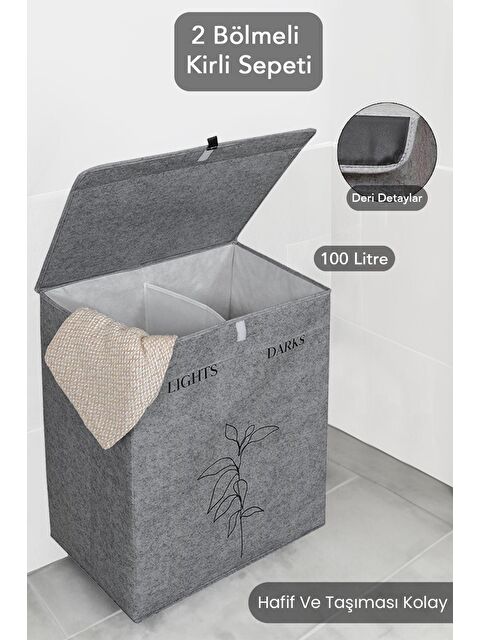 Meleni Home Keçe Deri 2 Bölmeli Çamaşır Kirli Sepeti Çok Amaçlı Katlanır Oyuncak Saklama Hurcu Gri 53x33x60 cm - S000123597-20600