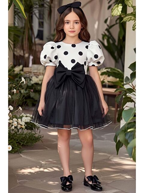 Riccotarz Kız Çocuk Beli Fiyonk ve Üzeri Puantiye Detaylı Balon Kollu Siyah Kabarık Abiye - S000506859-19351