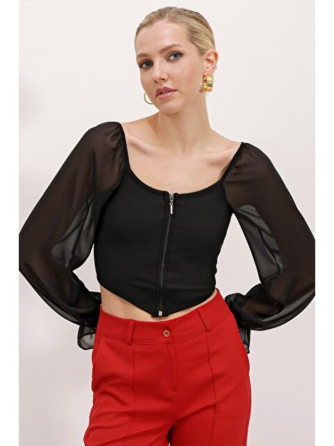 Bigdart 0496 Fermuarlı Şifon Bluz - Siyah - S000141630-19351