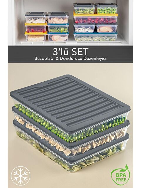 Meleni Home 3'lü Buzdolabı Organizer Mikrodalga Ve Difrize Uygun Saklama Kabı Antrasit 3 x 2400 ml - S000208729-29666