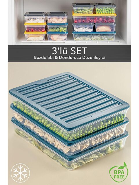 Meleni Home 3'lü Buzdolabı Organizer Mikrodalga Ve Difrize Uygun Saklama Kabı Petrol 3 x 2400 ml - S000208731-20019