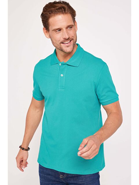 TUDORS Erkek Slim Fit Dar Kesim %100 Pamuk Düz Pike Turkuaz Polo Yaka Tişört