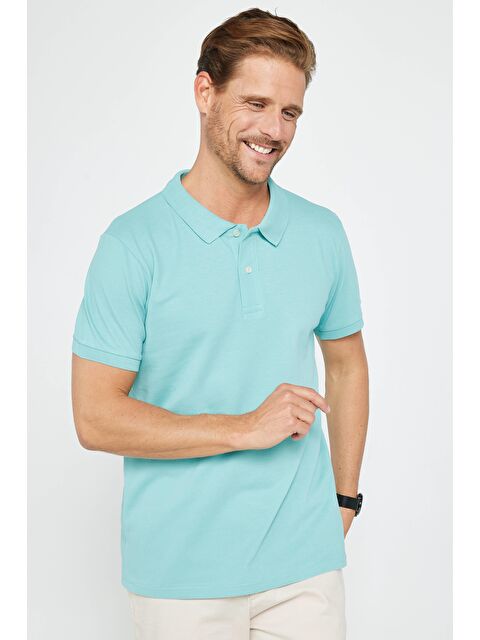 TUDORS Erkek Slim Fit Dar Kesim %100 Pamuk Düz Pike Turkuaz Polo Yaka Tişört