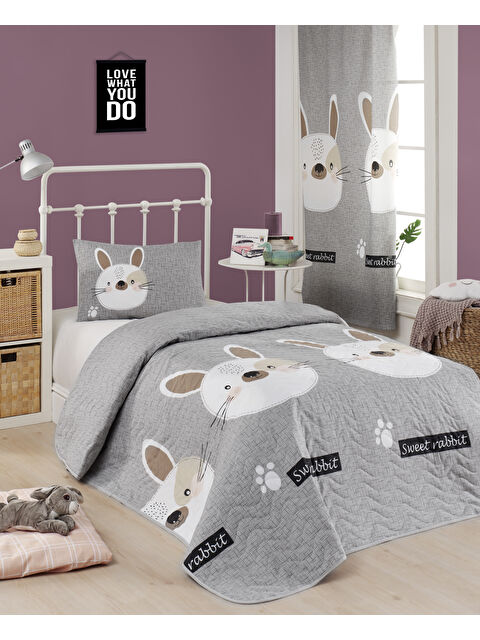 UPSTYLE Kapitone Yatak Örtüsü Seti Tek Kişilik Tavşancık A.Kahve-Gri-Pembe - S000295203-19413