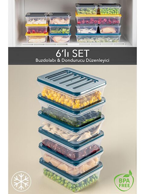 Meleni Home 6'lı Buzdolabı Organizer Mikrodalga Ve Difrize Uygun Saklama Kabı Petrol 6 x 600 ml - S000208734-20019