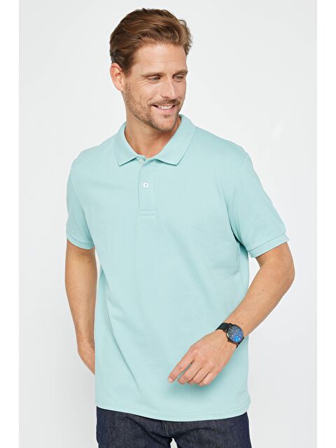 TUDORS Erkek Klasik Fit Rahat Kesim %100 Pamuk Düz Pike Turkuaz Polo Yaka Tişört