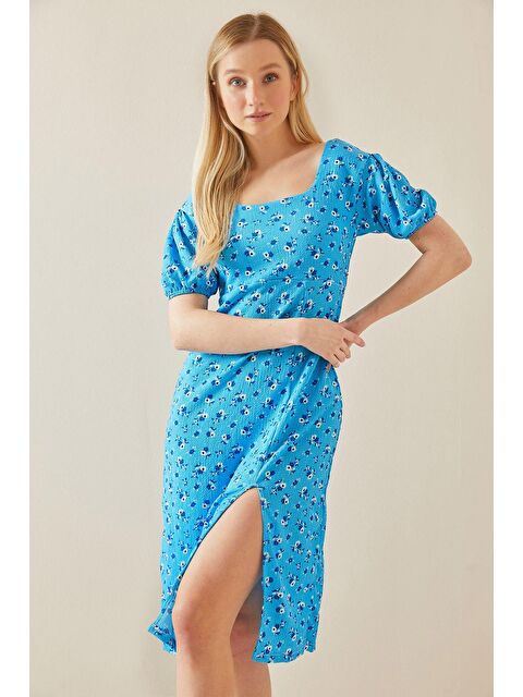 Xhan Mavi Çiçek Desenli Kemerli Dokulu Midi Elbise 5YXK6-48037-12 - S000144907-17234