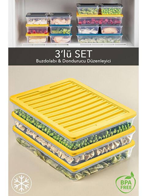 Meleni Home 3'lü Buzdolabı Organizer Mikrodalga Ve Difrize Uygun Saklama Kabı Sarı 3 x 2400 ml - S000208736-20072