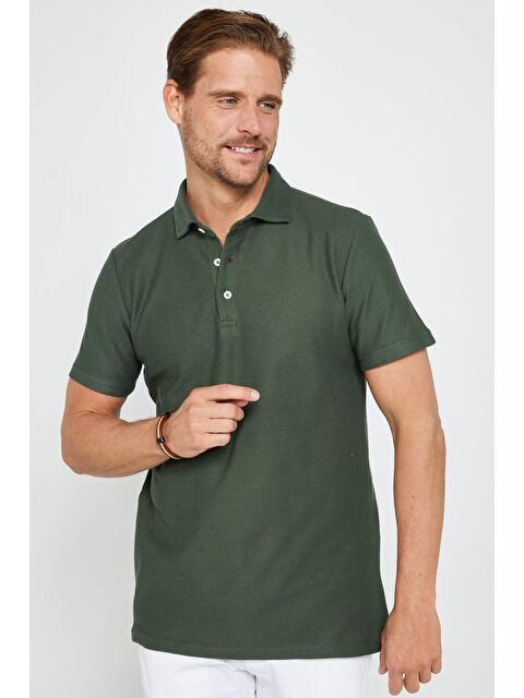 TUDORS Erkek Slim Fit Dar Kesim %100 Pamuk Armürlü Haki Polo Yaka Tişört