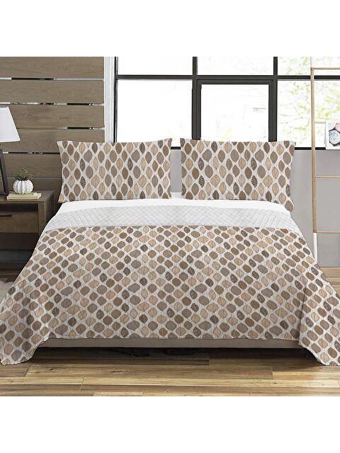 Evmila Yaprak Desen Çift Kişilik Baskılı Pike (200x220 Cm) Kahverengi - S000124182-23173