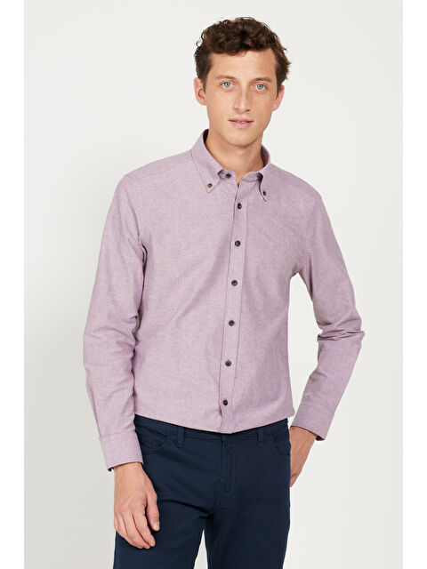 AC&Co / Altınyıldız Classics Erkek Bordo Slim Fit Dar Kesim Düğmeli Yaka Pamuklu Oxford Gömlek - S000402430-19951