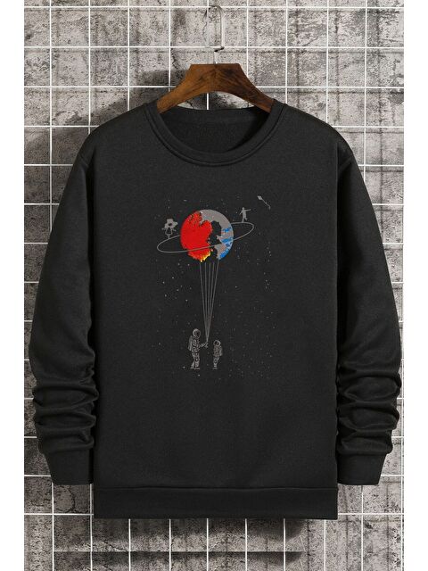 uyguntarz Unisex Evren Temalı Bisiklet Yaka %100 Pamuk Sweatshirt - S000269255-19351