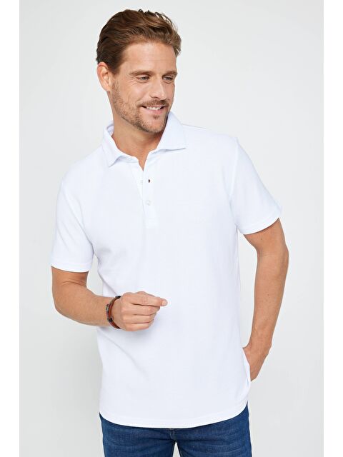 TUDORS Erkek Slim Fit Dar Kesim %100 Pamuk Armürlü Beyaz Polo Yaka Tişört