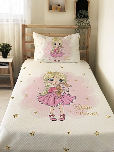Evmila Prenses Kız Desenli Soft Baskılı Tek Kişilik 160x220 Cm Pike- Beyaz - S000128647-23173