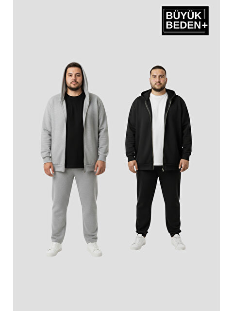 Süperlife Erkek Büyük Beden Fermuarlı Kapüşonlu 2'li Set ince Sweatshirt Hırka - Rahat Kalıp SPR26BHR960+2 - S000493626-37287