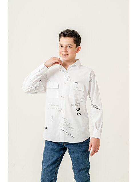 pi pengai Erkek Çocuk Çift Cepli Keten Gömlek P1098 - S000350411-20063