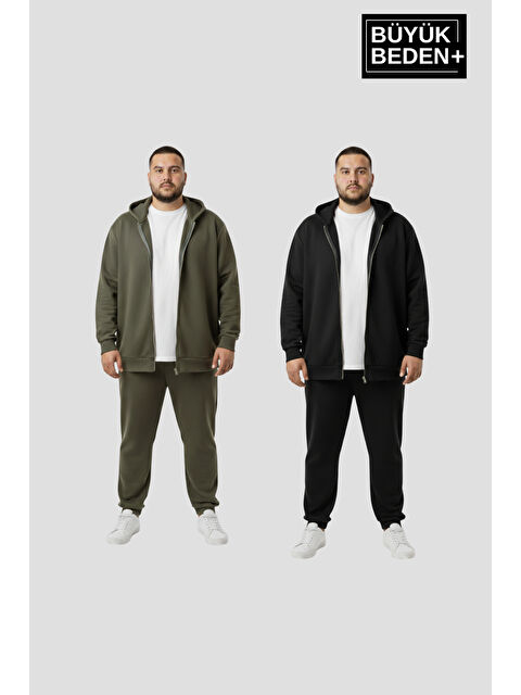 Süperlife Erkek Büyük Beden Fermuarlı Kapüşonlu 2'li Set ince Sweatshirt Hırka - Rahat Kalıp SPR26BHR960+2 - S000493626-37432