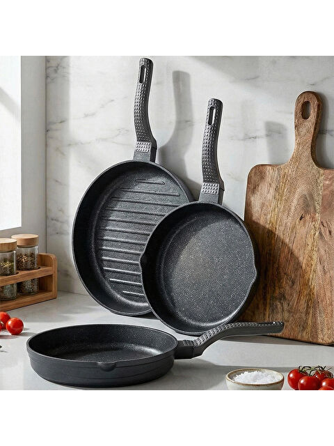 OMS 3738 Biogranit Döküm Grill Ergonomik Saplı 3 Parça Tava Seti Gri 20-24-28cm