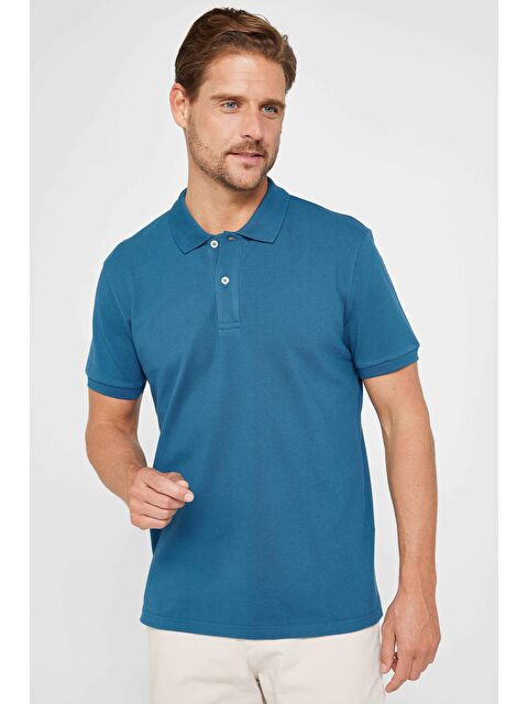 TUDORS Erkek Slim Fit Dar Kesim %100 Pamuk Düz Pike Polo Yaka Tişört