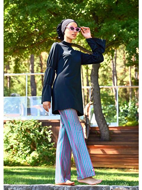 Mayovera Tasarım Mayo Yeşil Pembe Çizgili  Tesettür Mayo Tek Pantolon - S000253708-23173