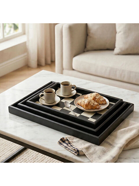 Perotti Porsima 1301050047 Ahşap Tepsi 3lü Set Çay Kahve Bambu Sunumu Dama Desenli Tepsi Seti