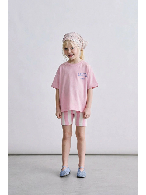 Magu Kız Çocuk Pamuklu Pembe Yazı Baskılı Tişört Tayt Takım