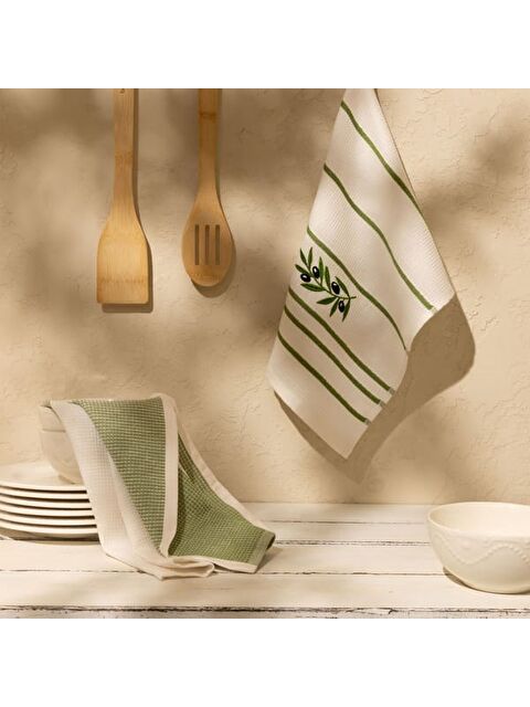 Evidea Soft Zeytin Desenli 2'li Kurulama Bezi - Beyaz - 30x50 cm