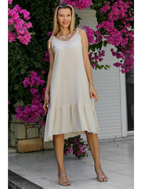 Chiccy Ekru Askılı Yıkamalı Etek Ucu Fırfırlı Dokuma Casual Pamuklu Elbise - S000359022-19965