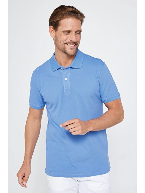 TUDORS Erkek Slim Fit Dar Kesim %100 Pamuk Düz Pike Mavi Polo Yaka Tişört