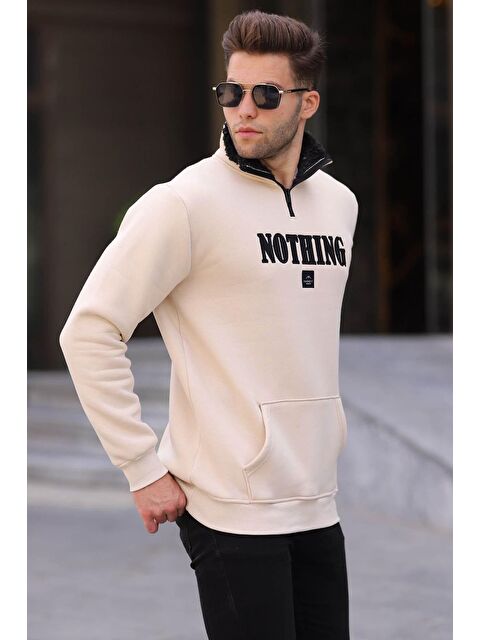 Madmext Açık Bej Baskılı Fermuar Detaylı Sweatshirt 6003 - S000062046-19927