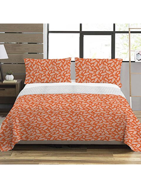 Evmila Yaprak Desen Çift Kişilik Baskılı Pike (200x220 Cm) Turuncu - S000124185-23173