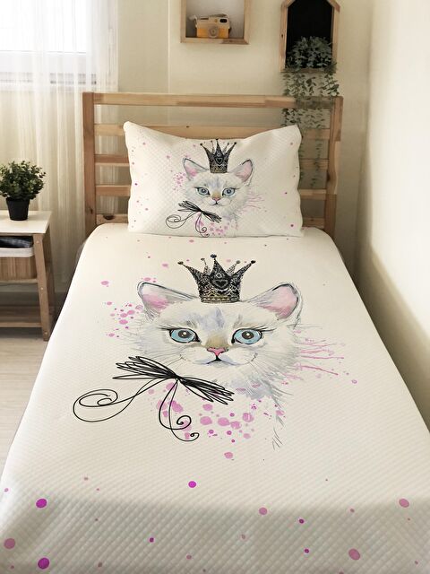 Evmila Kedi Desenli Soft Baskılı Tek Kişilik 160x220 Cm Pike- Beyaz - S000128649-23173