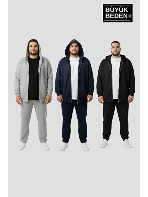 Süperlife Erkek Büyük Beden Fermuarlı Kapüşonlu 3 'lü Set ince Sweatshirt Hırka - Rahat Kalıp SPR26BHR960+3 - S000493627-3491