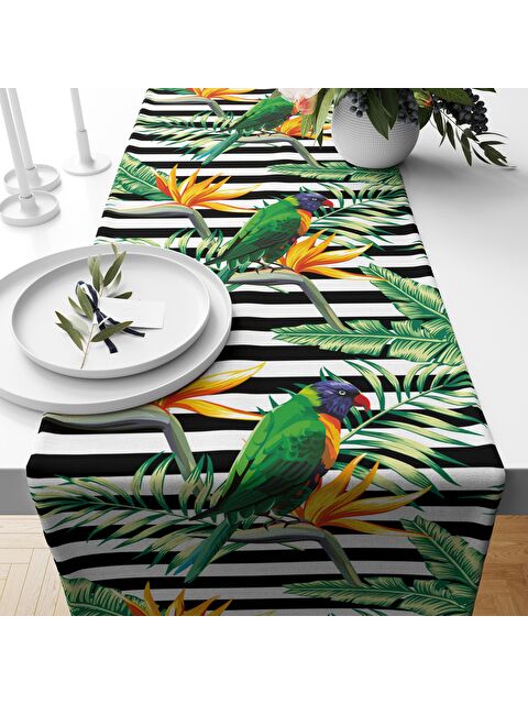 Evmila Siyah Çizgili Yaprak Ve Kuş Desenli Kadife Runner  40x140 cm - S000076381-23173