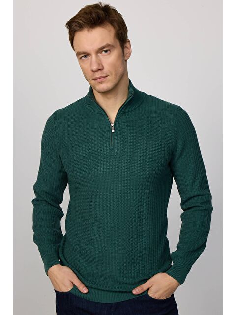 TUDORS Slim Fit Dar Kesim Dik Yaka Fermuarlı Desenli Yeşil Erkek Triko Kazak