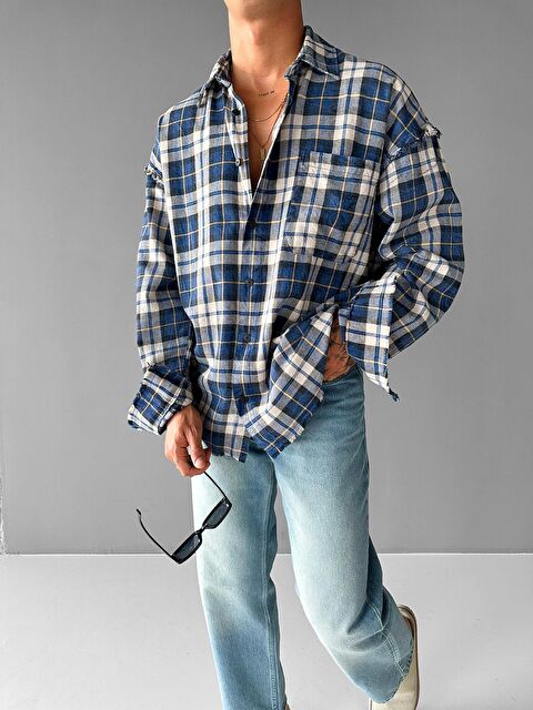 Abluka Online Erkek Oversize Ekose Çizgili Kareli Cepli Uzun Kollu Gömlek Mavi - S000295230-17234