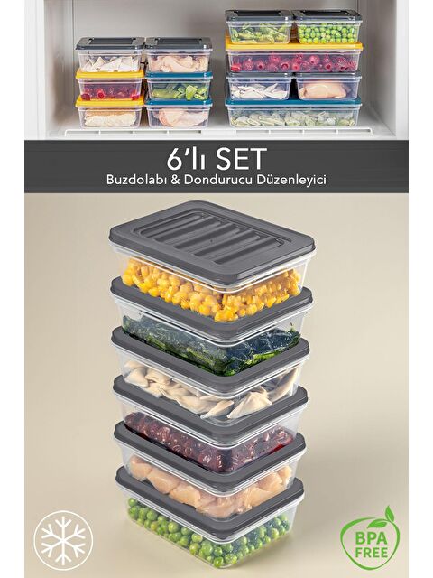 Meleni Home 6'lı Buzdolabı Organizer Mikrodalga Ve Difrize Uygun Saklama Kabı Antrasit 6 x 600 ml - S000208740-29666