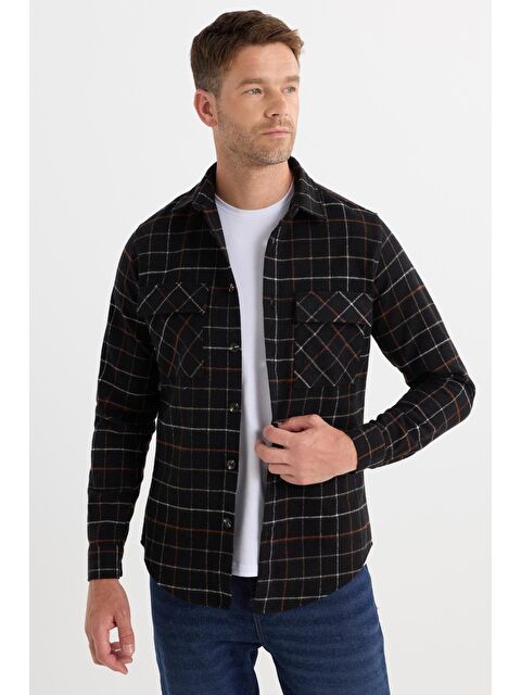 TUDORS Erkek Slim Fit Dar Kesim Spor Yaka Çift Cep Kapaklı Kareli Gömlek - S000493630-23173