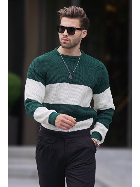 Madmext Yeşil Bisiklet Yaka Renk Bloklu Uzun Kollu Örme Kazak 7236 - S000231878-18194